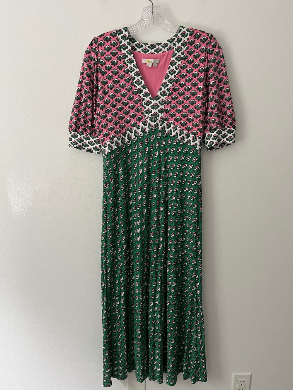 Boden Eva Jersey Midi Dress Floral Cottagecore Modest V Neck Pink Green 6
